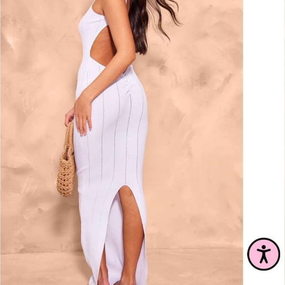 White Textured Rib Knit Low Back Ruched Maxi Dress - Picture 1 of 2